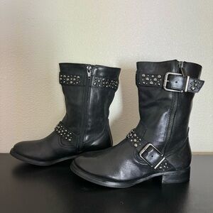 Arturo Chiang Black Leather Boots Studded Buckles Size 6